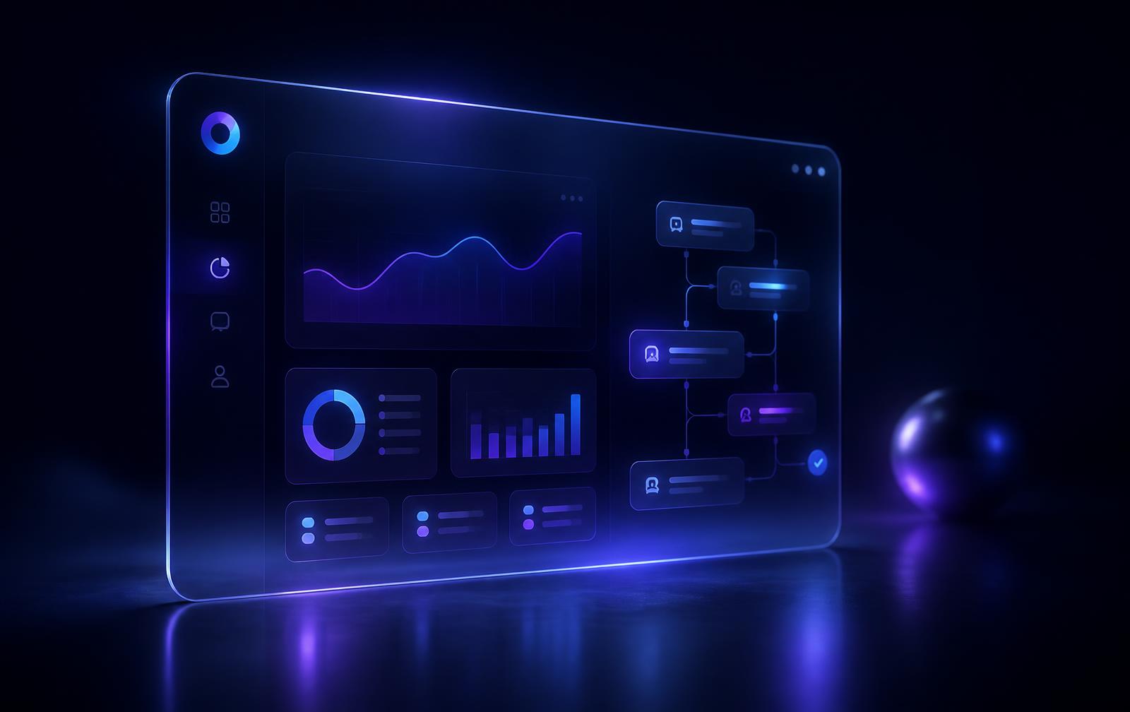 Painel digital com gráficos e fluxo de automação de atendimento