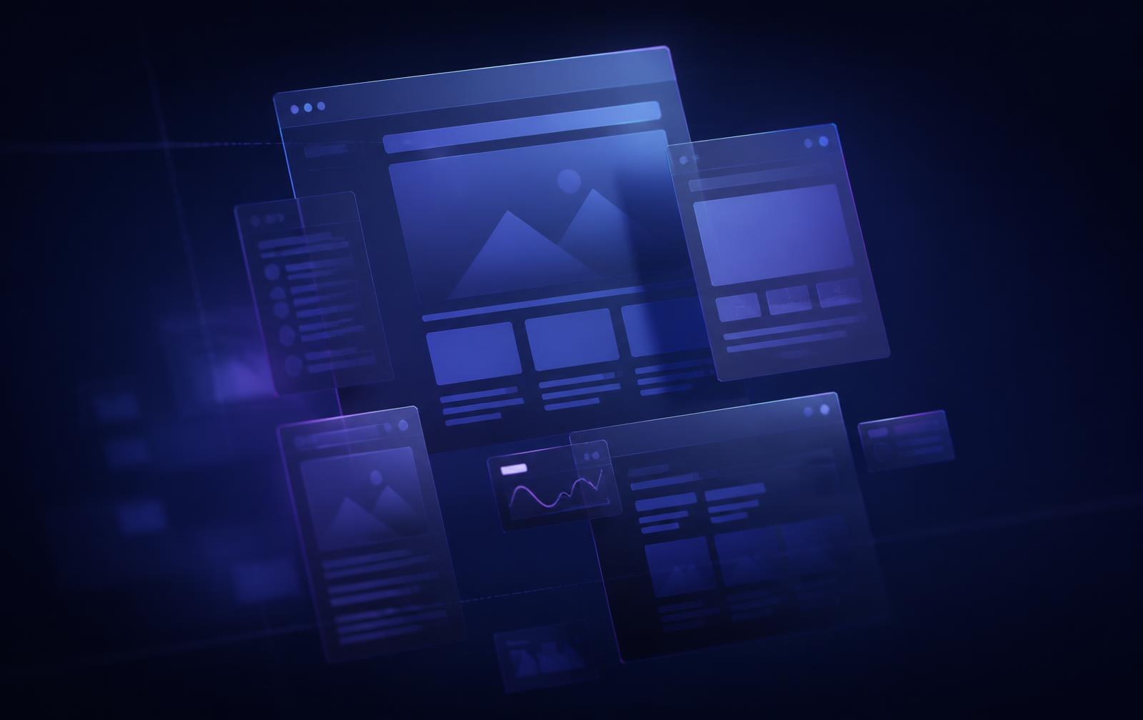 Interfaces de site e landing pages sobrepostas em perspectiva