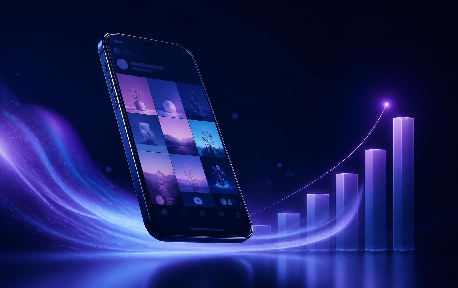 Celular exibindo feed de rede social ao lado de gráfico de crescimento