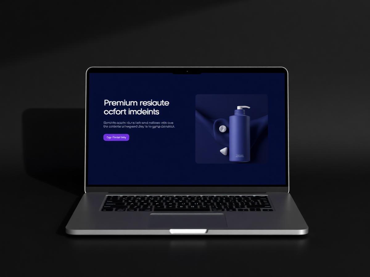 Template de site institucional escuro exibido em um notebook