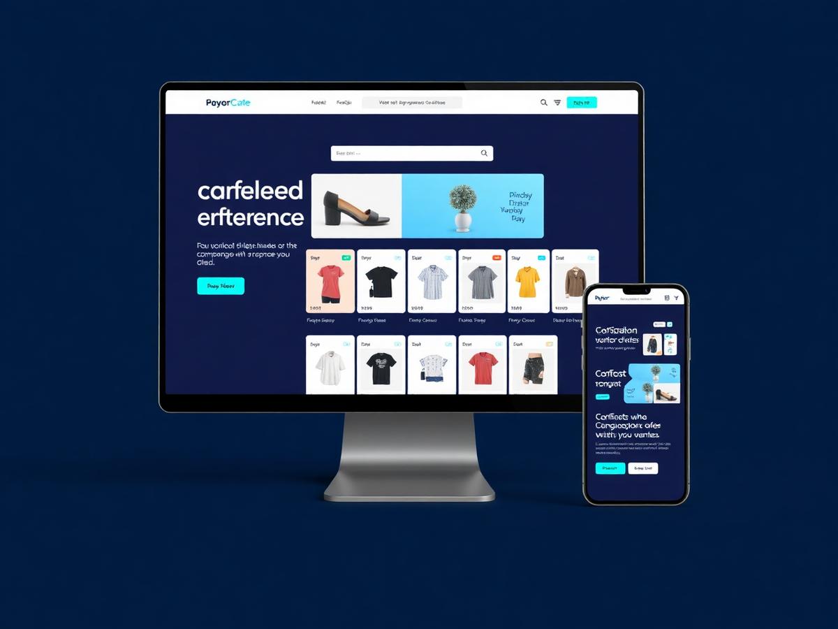 Template de e-commerce exibido em monitor e celular