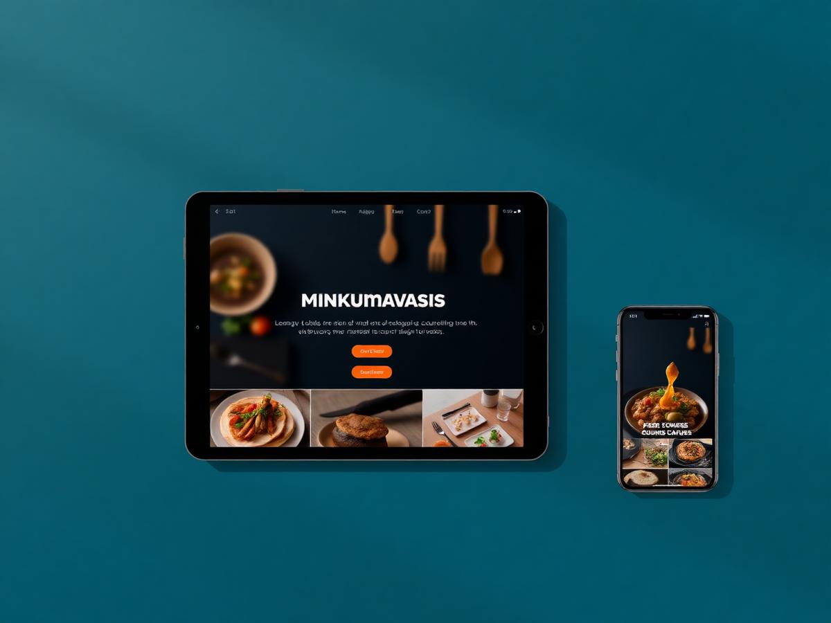 Template de site de restaurante em tablet e celular